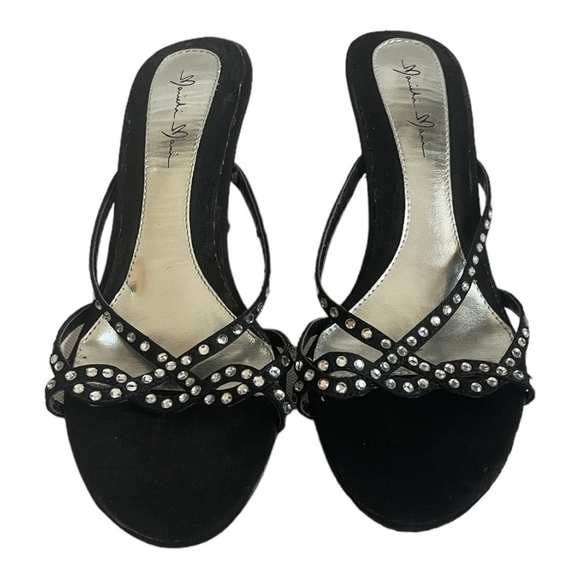 Vintage Marichi Mani Black Silver Rhinestone Leatherette Slip-On Heels Size 6.5 - Picture 3 of 5
